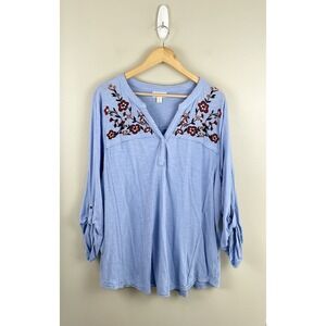 Style‎ & Co. Plus 3X Embroidered Cotton Popover Roll Tab Sleeve Top Boho (flaw)